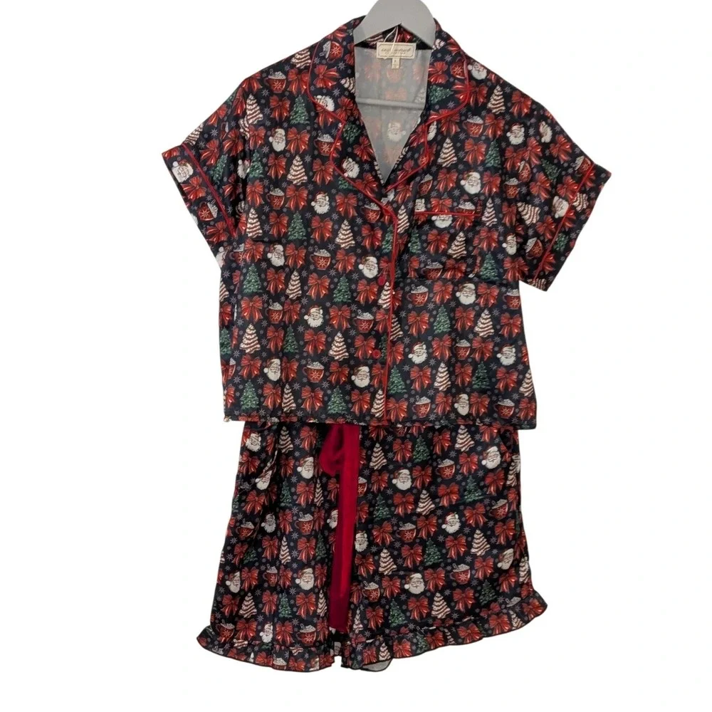 Simply Southern Christmas Pajama Set Santa Tree Ruffle Shorts Large NWT